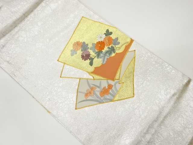 金駒刺繍色紙に花々模様名古屋帯